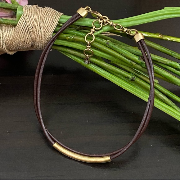 LUCKY BRAND Dark Brown Double Leather With Gold Bar Choker Necklace - Picture 1 of 9